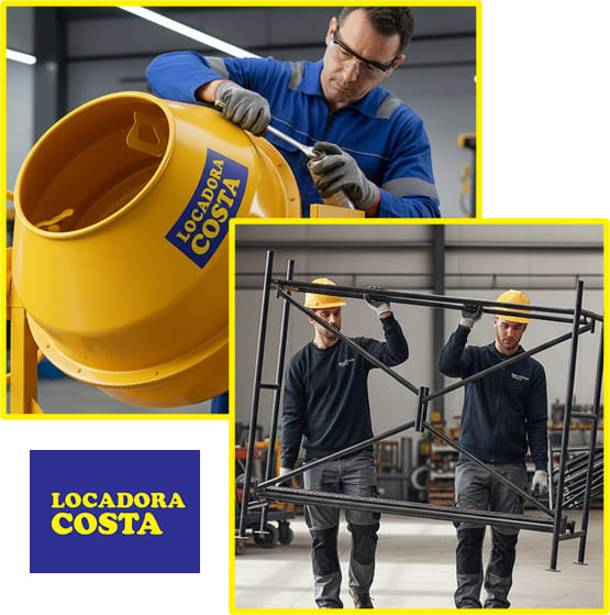 Equipe técnica da Locadora Costa realizando manutenção preventiva em equipamentos profissionais.